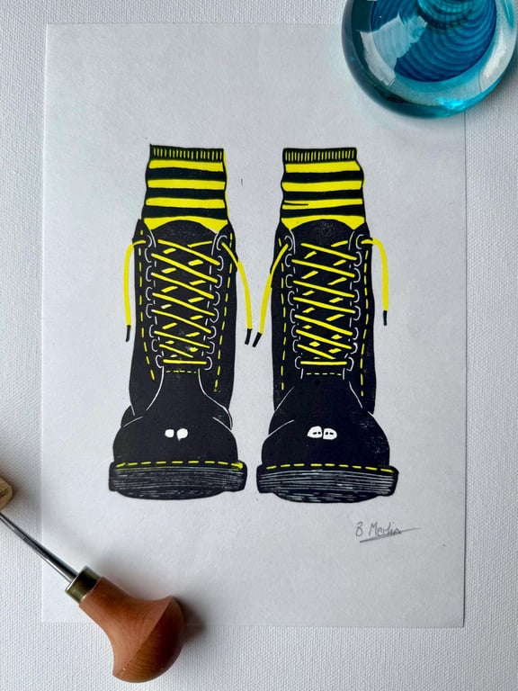 Docs and Socks: Hand-Burnished Lino Cut