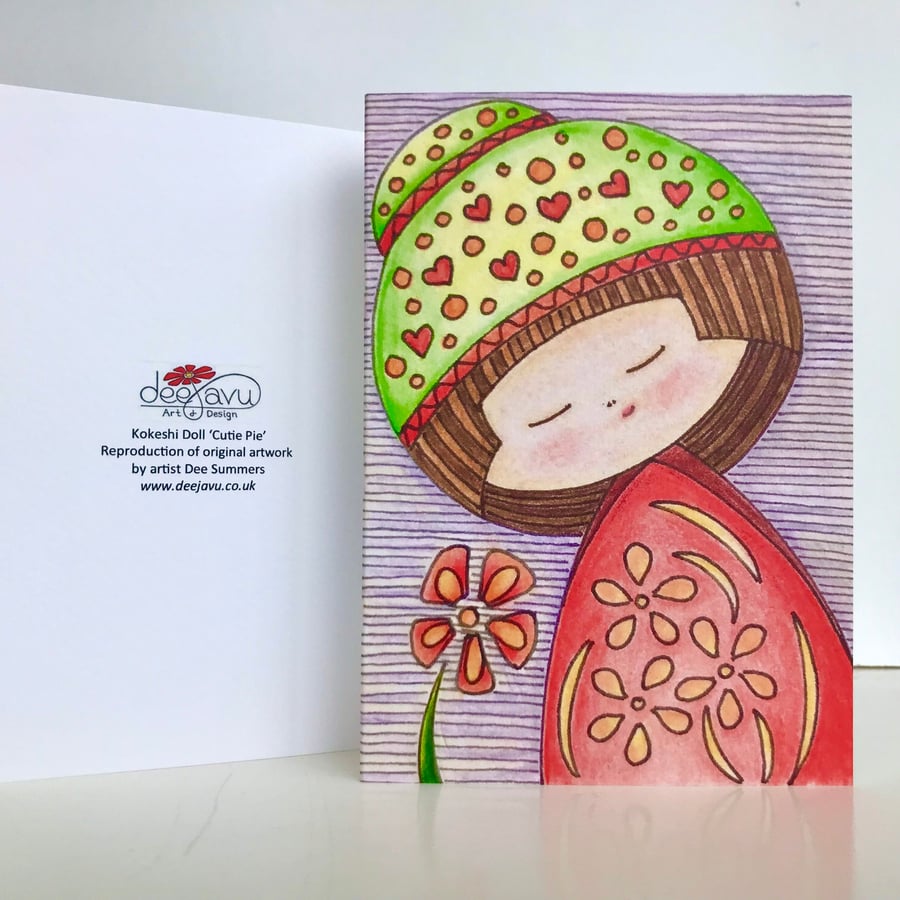 Cute Doll Greetings Card, Japanese Kokeshi Doll Art Print Greetings Card