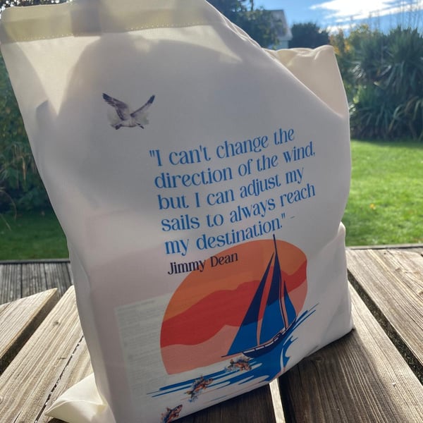 Inspirational Tote Bag – Boat & Sunset with “Adjust My Sails” Quote