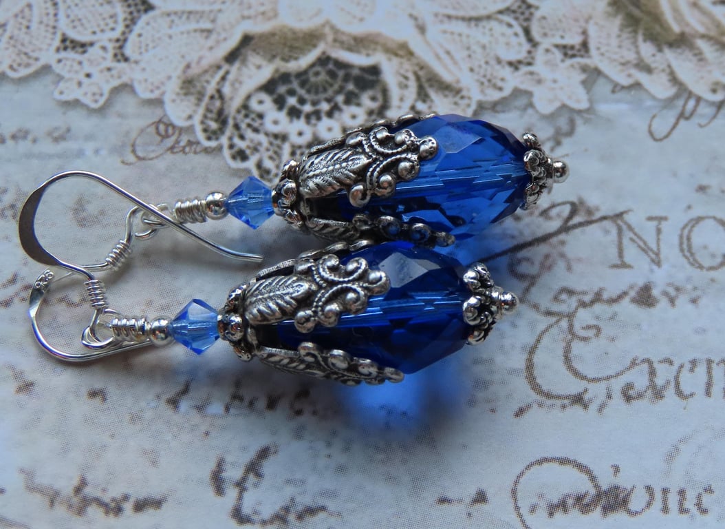 Crystal Sapphire Blue Teardrop Vintage Style Dangle Earrings