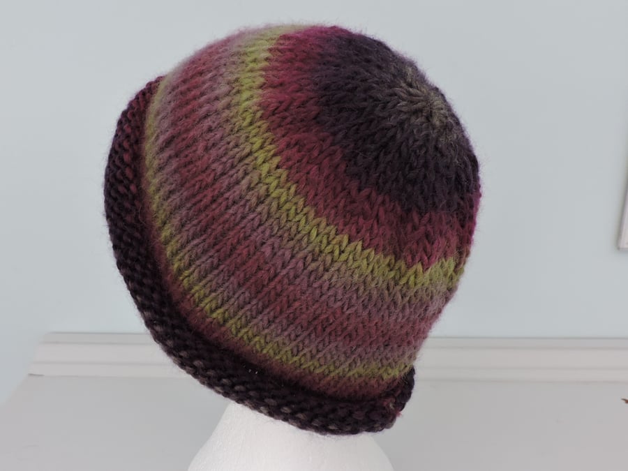 Beanie Hat Chunky Knit Striped Purple Mauve and Olive