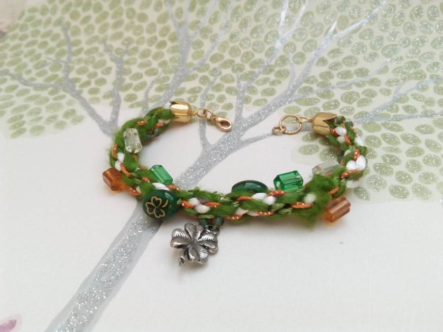 St Patrick's Day Kumihimo braided bracelet in green, orange & white