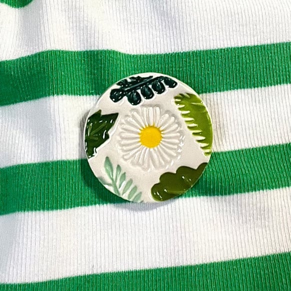 Perfectly Imperfect Handmade Ceramic Leafy Daisy brooch, Hand Made Badge
