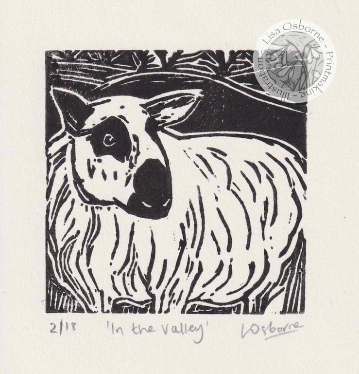 In the Valley - original linocut of a sheep