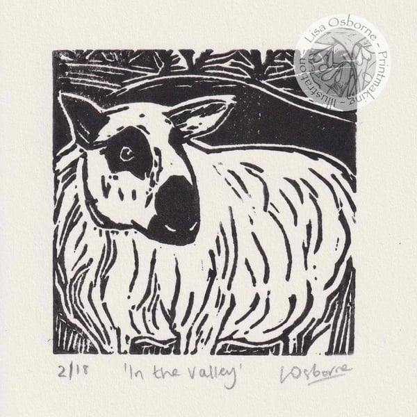In the Valley - original linocut of a sheep