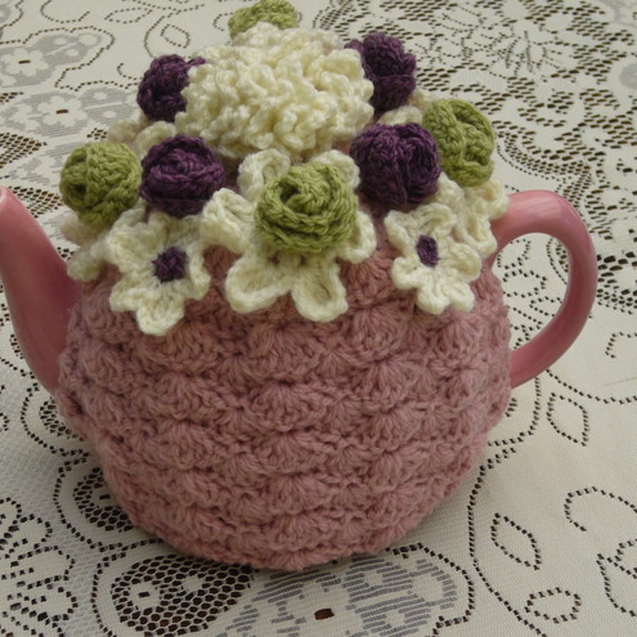 Crochet Tea Cosy/Cosie/Cozy - Dusty Pink with flowers (Made to order)