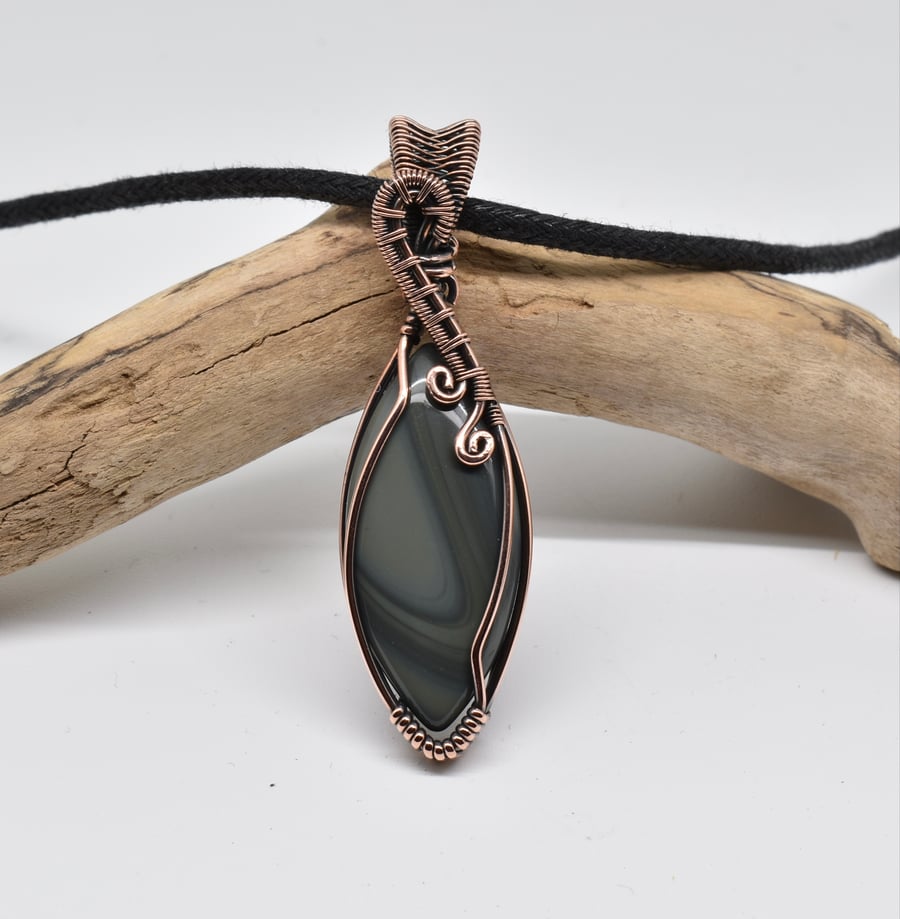Wrapped and Woven Banded Agate Unisex Pendant