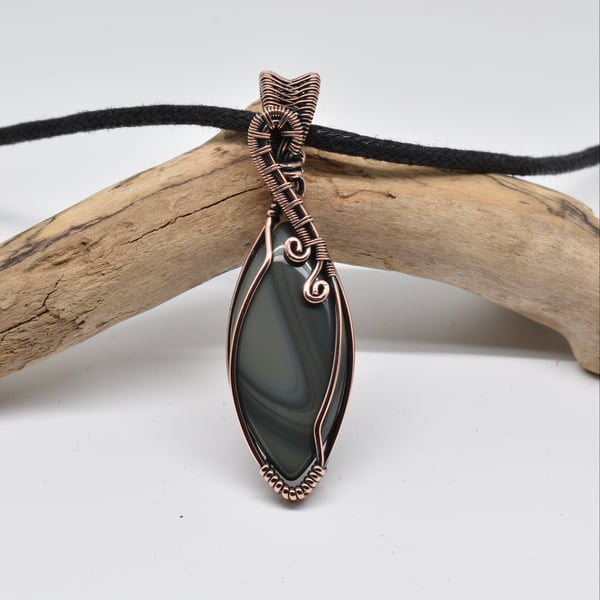 Wrapped and Woven Banded Agate Unisex Pendant