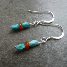 Sterling silver earrings, turquoise and carnelian