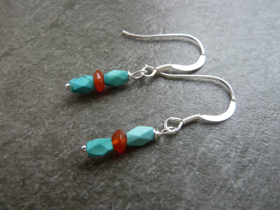 Sterling silver earrings, turquoise and carnelian