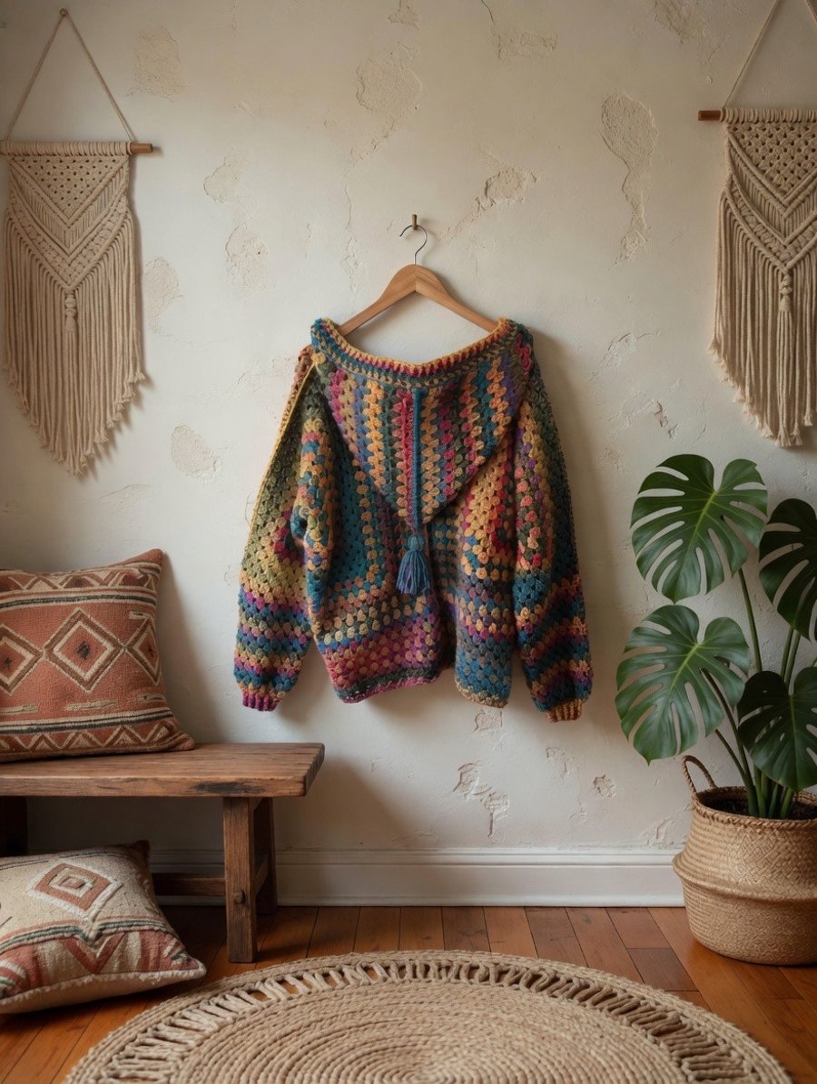 Crochet Hooded Cardigan One Size 