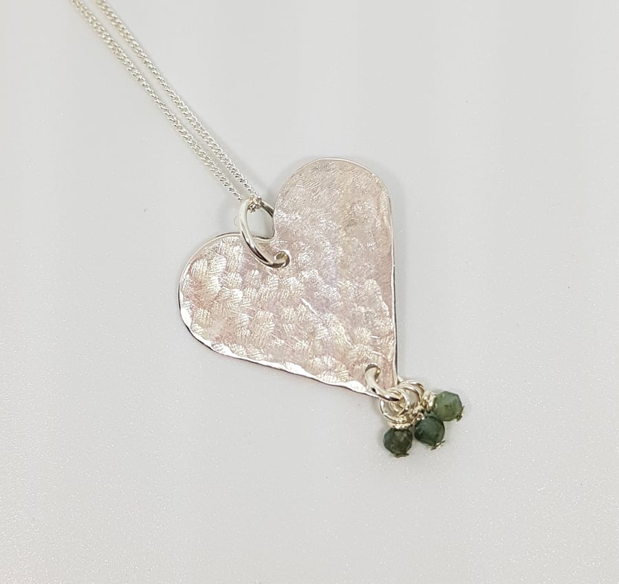 Sterling Silver Hammered Heart and Green Tourmaline Gemstone Trio Pendant