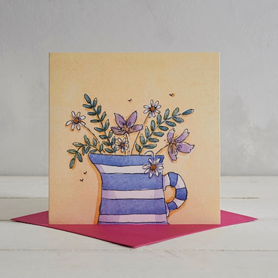 Stripey Blue Jug with Daisies and Cocus Greetings Card