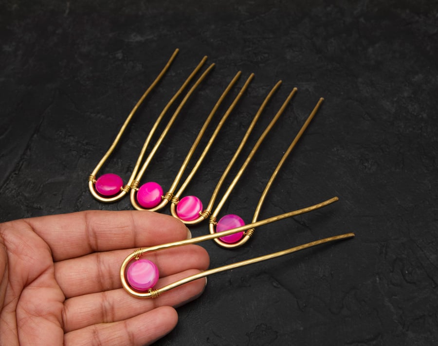 SALE -LAST OFFER 5 Minimalist Hair bun slide, Bun Pins, brass pins Hot Pink Band