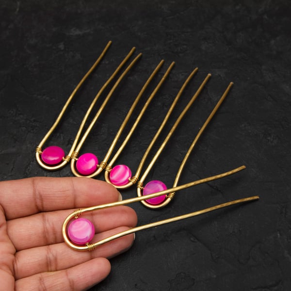 SALE -LAST OFFER 5 Minimalist Hair bun slide, Bun Pins, brass pins Hot Pink Band