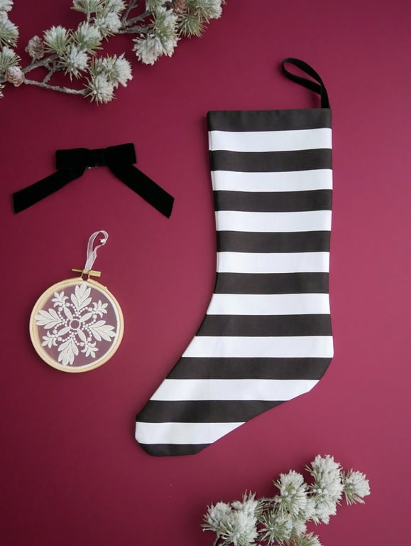 Black and White Striped Christmas Stocking - Medium