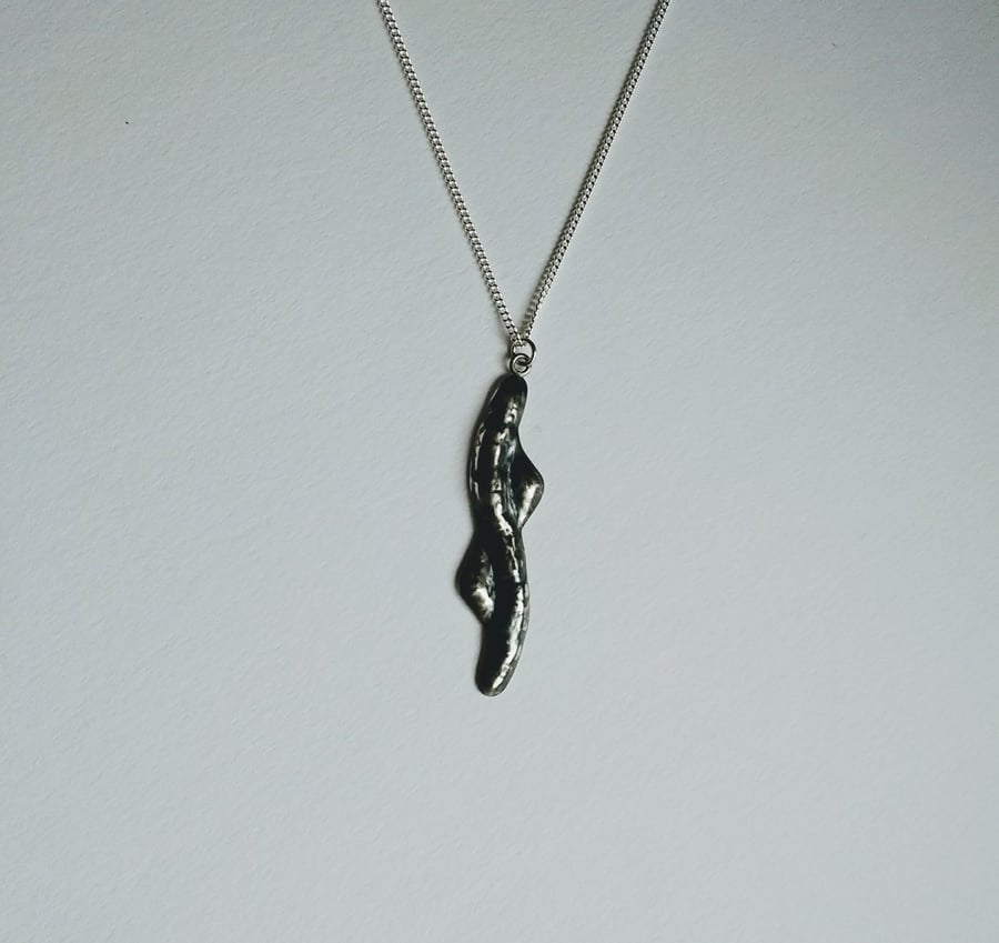 Sterling Silver Blackwave Curvy Long Pendant, Oxidised, 16" Curb Chain