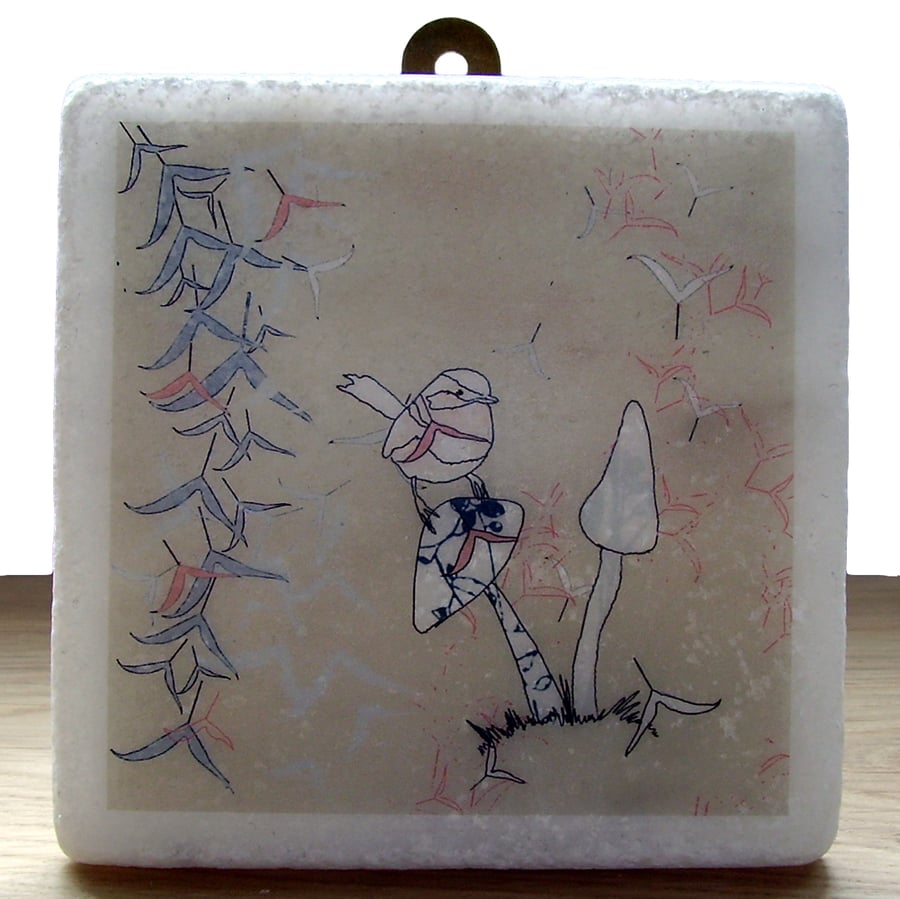 Wren and Toadstool Marble Wall Art