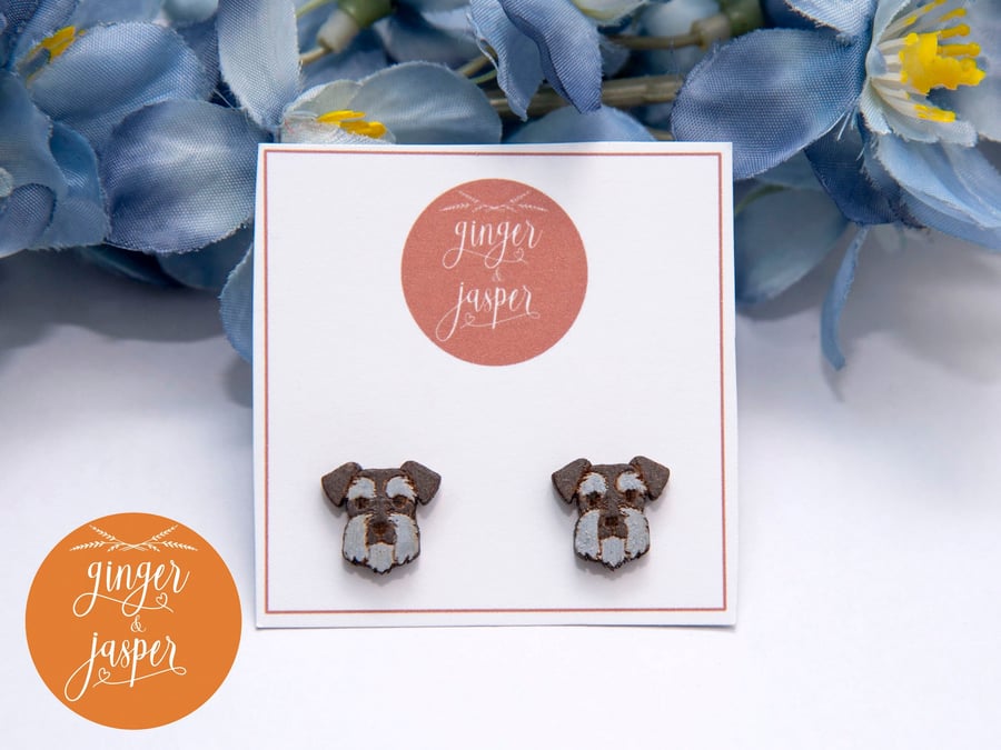 Hand Painted Wooden Schnauzer Studs, Laser Cut Wood Dog Earrings, Dog Lover Gift