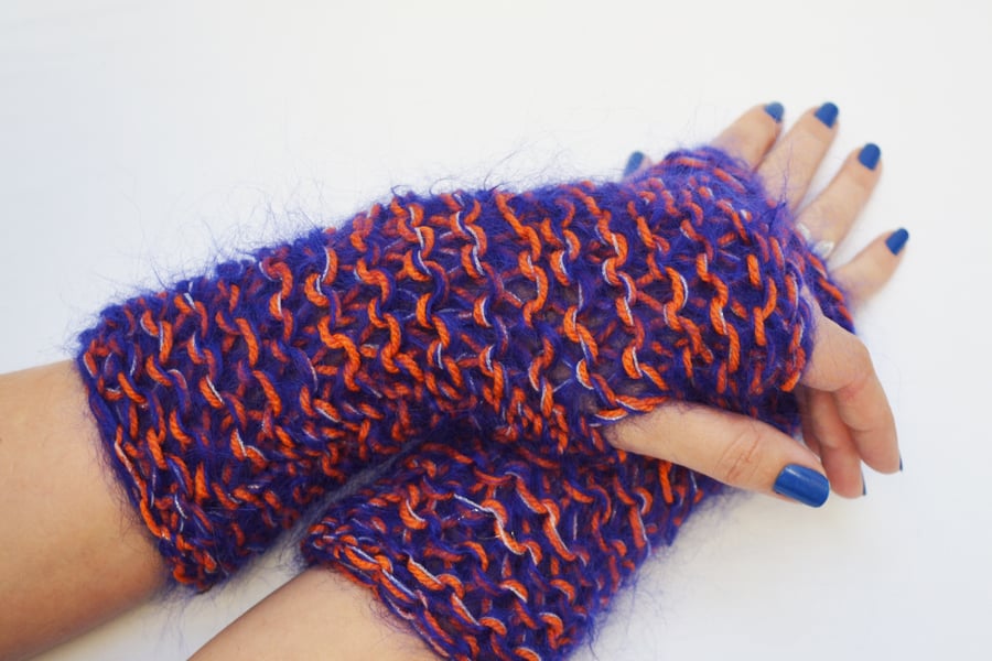 Fingerless Gloves knitted, Orange and Purple Mohair