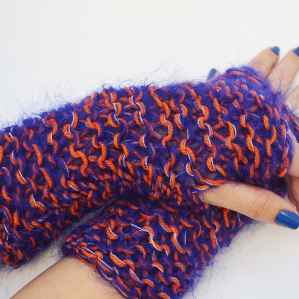Fingerless Gloves knitted, Orange and Purple Mohair