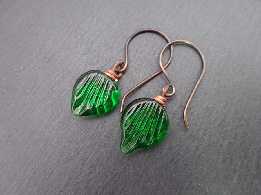 lampwork glass green leaf earrings, copper jewellery