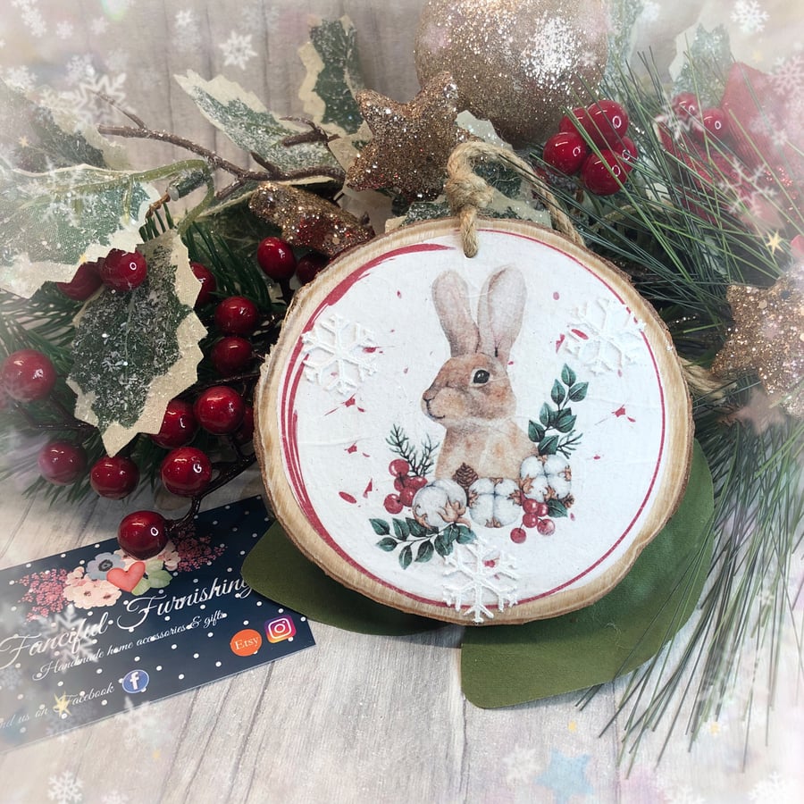 Christmas bunny rabbit rustic log slice Christmas tree decoration