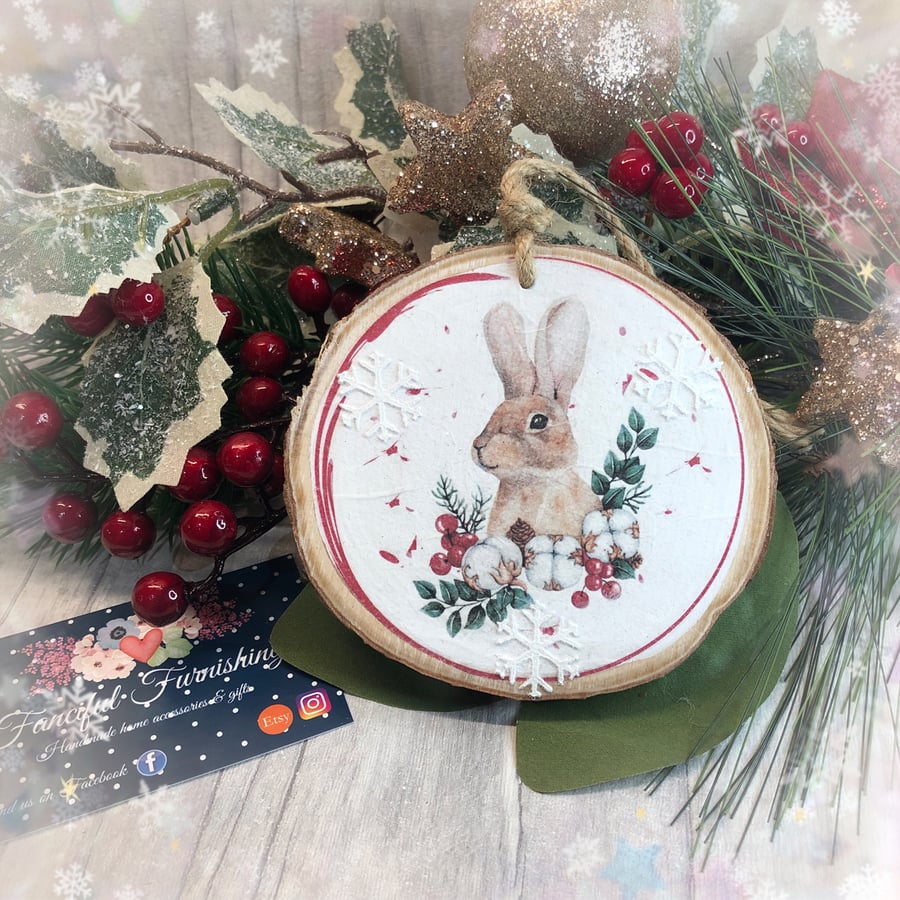 Christmas bunny rabbit rustic log slice Christm... - Folksy
