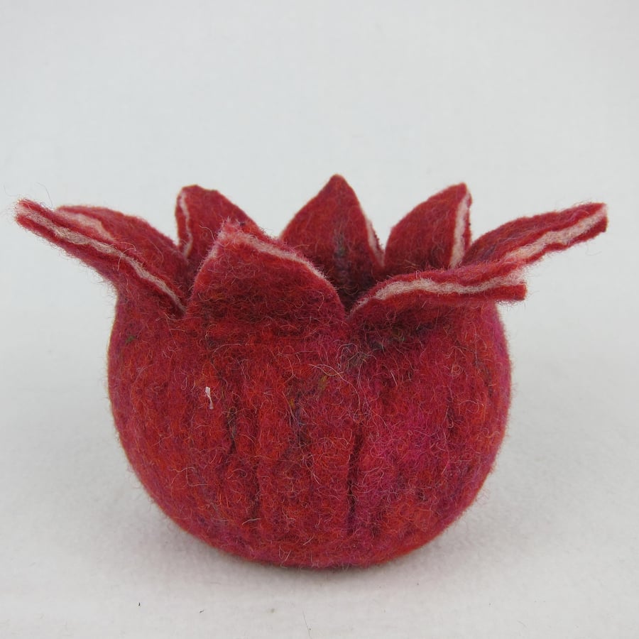 Wet felted bowl, red wool with coloured silk strands