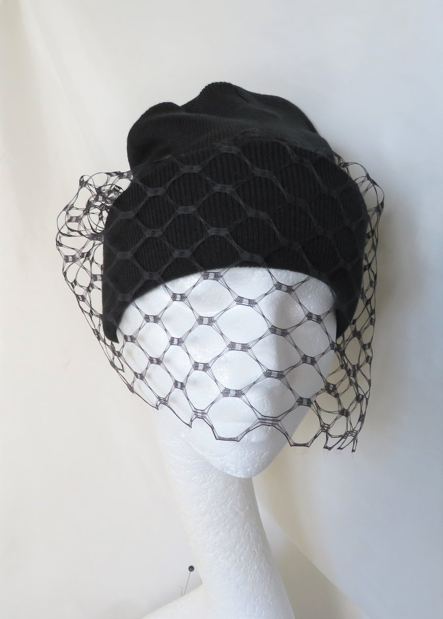 Black Beanie Hat Veil - Woollen Winter Hat with Vintage Waffle Weave Face Veil