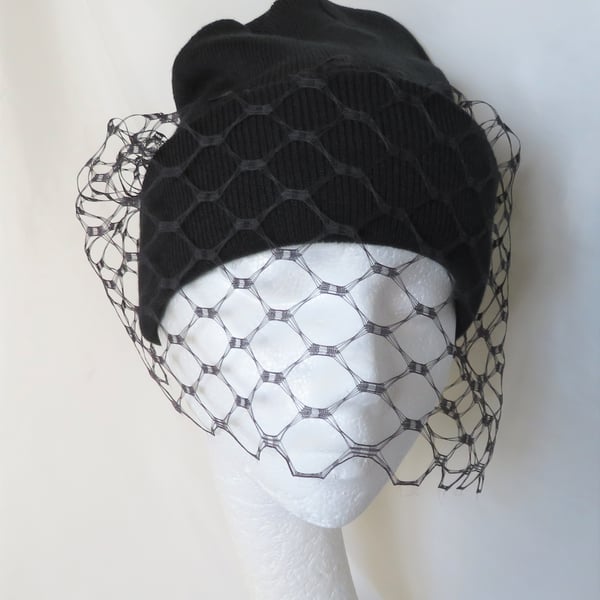 Black Beanie Hat Veil - Woollen Winter Hat with Vintage Waffle Weave Face Veil
