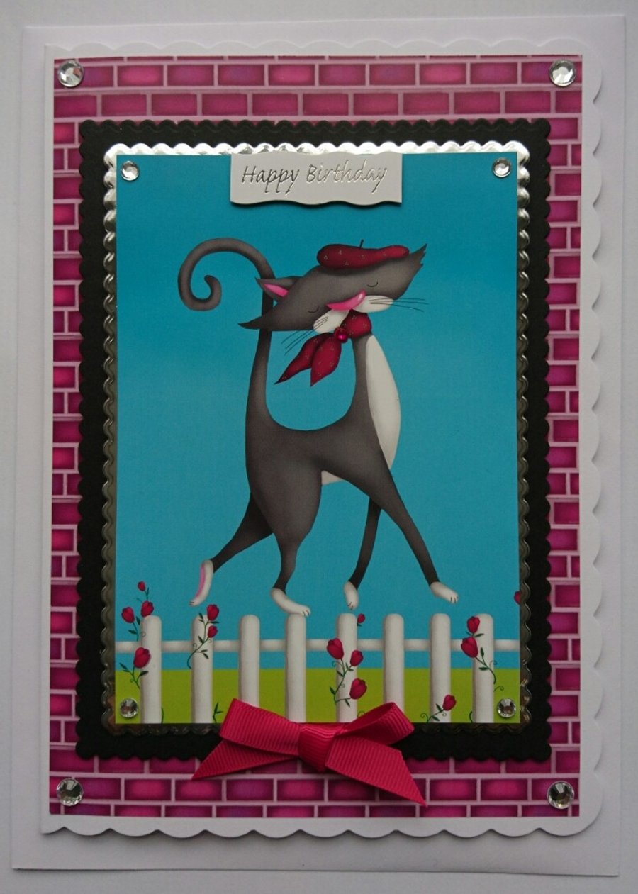 Cat Birthday Card French Cute Cat Tie Kerchief Beret Fence 3D Luxury Handmade