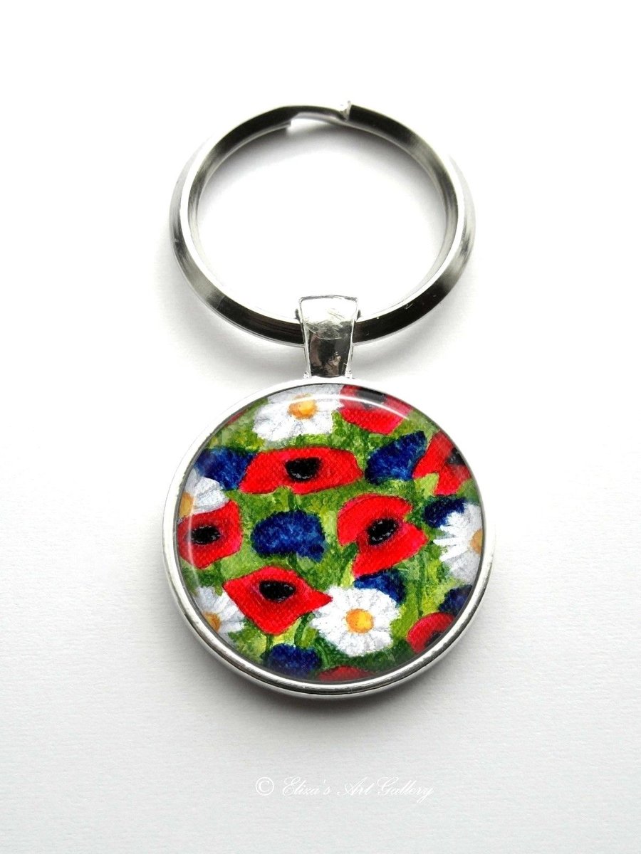 Silver Plated Cornflower,Poppy and Daisy Flower Art Cabochon Keyring