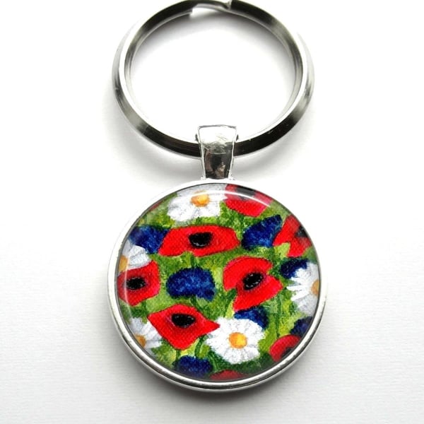 Silver Plated Cornflower,Poppy and Daisy Flower Art Cabochon Keyring