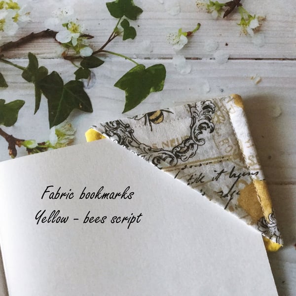 Corner Fabric Bookmark, Bees Script, Yellow