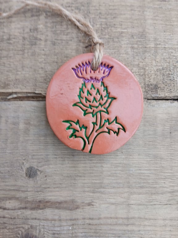 Painted Scottish Thistle Round Terracotta Hanging Aromatherapy Diffuser Ornament