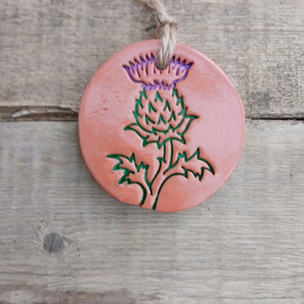 Painted Scottish Thistle Round Terracotta Hanging Aromatherapy Diffuser Ornament