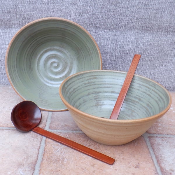 Pair of XL extra large noodle bowl serving  table hand thrown stoneware pottery