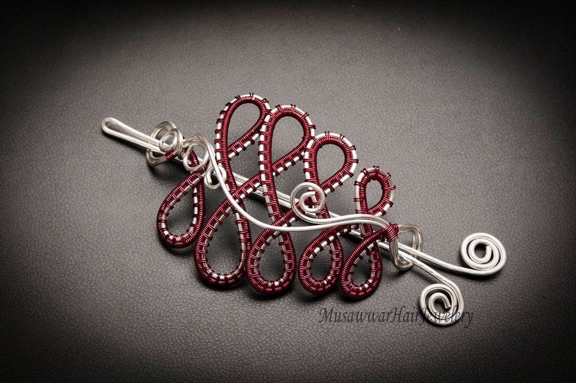 Celtic Hair Bun Holder – Handwoven Silver & Maroon Wire, Elegant Hair Accessory 