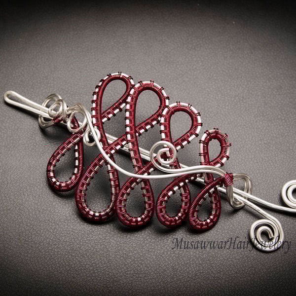 Celtic Hair Bun Holder – Handwoven Silver & Maroon Wire, Elegant Hair Accessory 