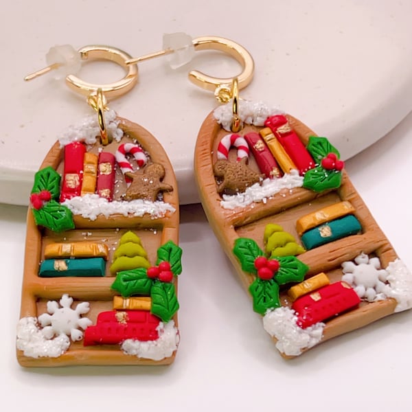 Christmas bookshelf earrings for readers, winter novelty jewelry for book lover