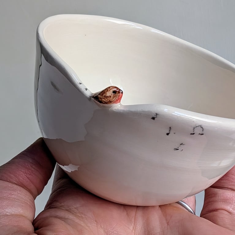 Ceramic handmade tealight robin & birdprints pottery trinket bowl