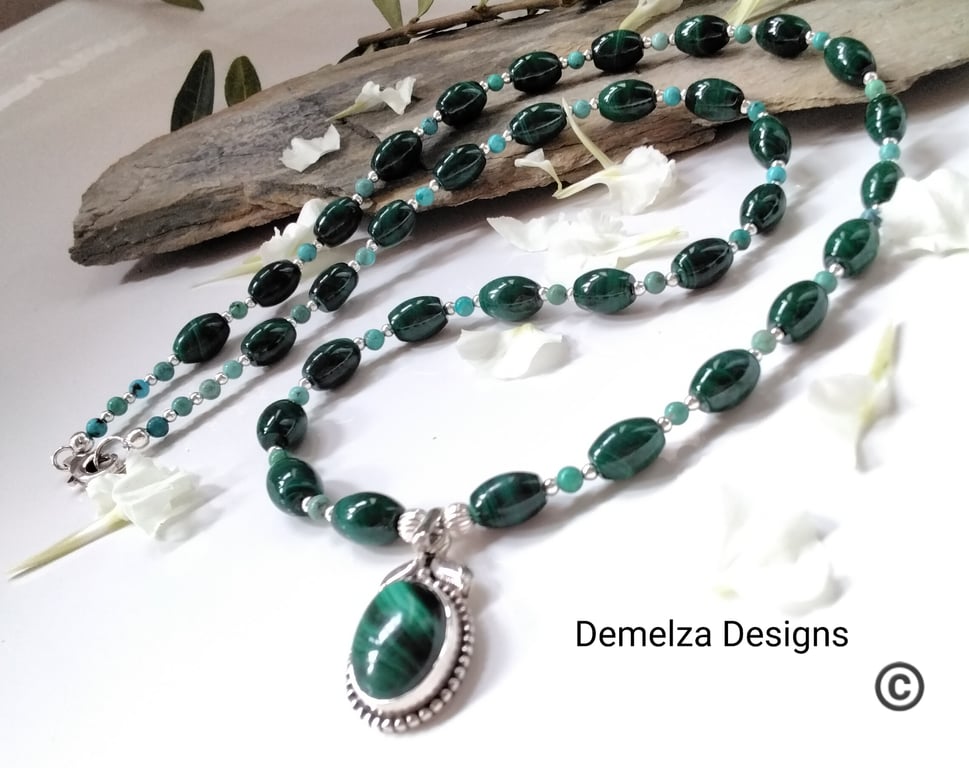 Designer Malachite & Chinese Turquoise Sterling Silver Necklace ONE OFF