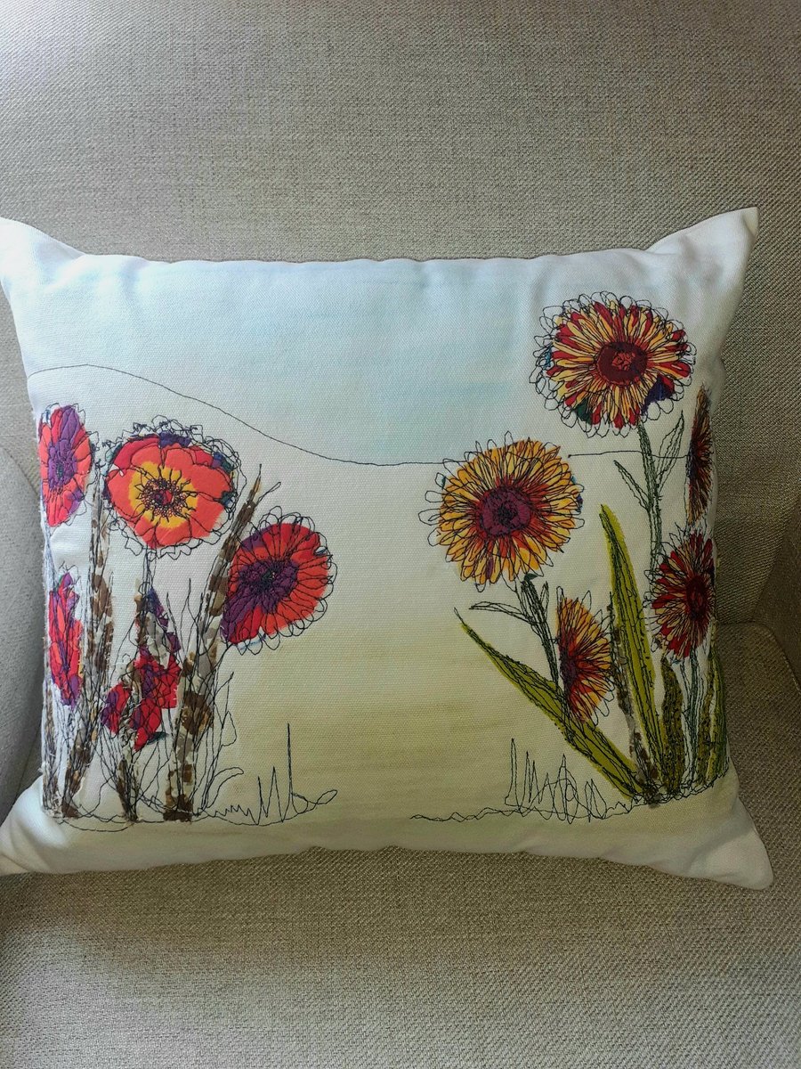 Bright Flowers Free Motion Appliqued Cushion
