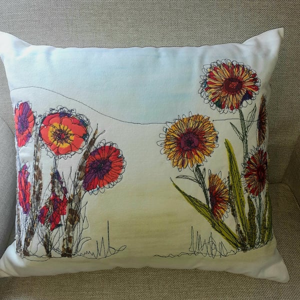 Bright Flowers Free Motion Appliqued Cushion