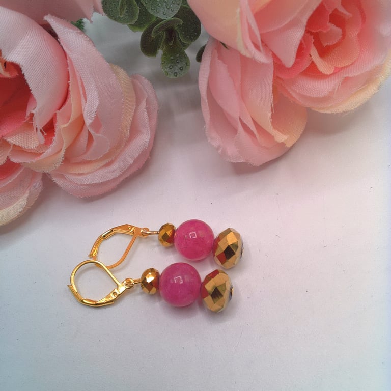 Fuchsia Glass Bead and Gold Crystal Earrings, Hot Pink Earrings, Earrings 