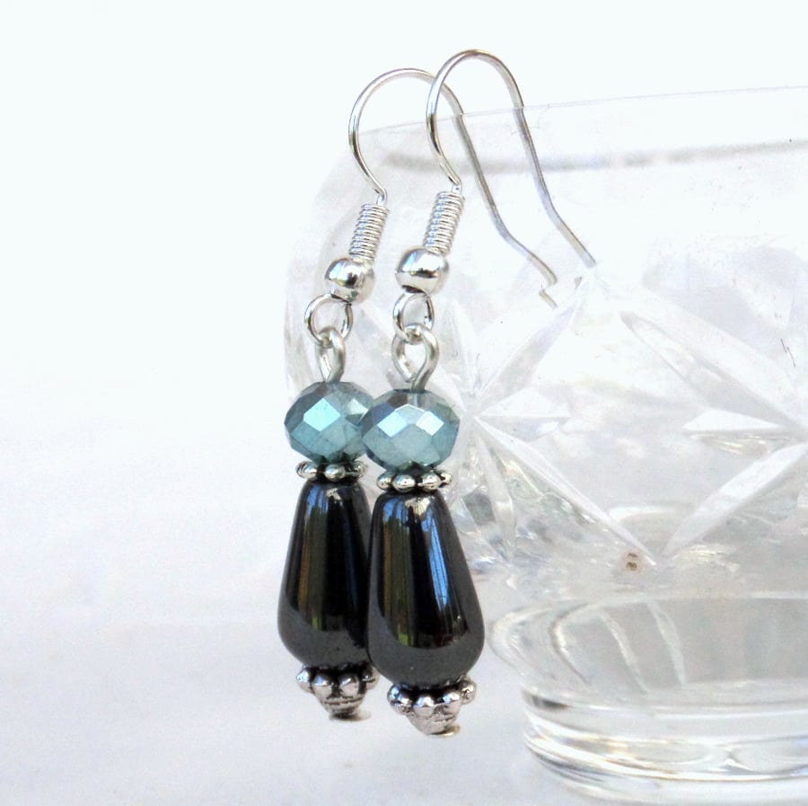Hematite and aqua crystal drop earrings