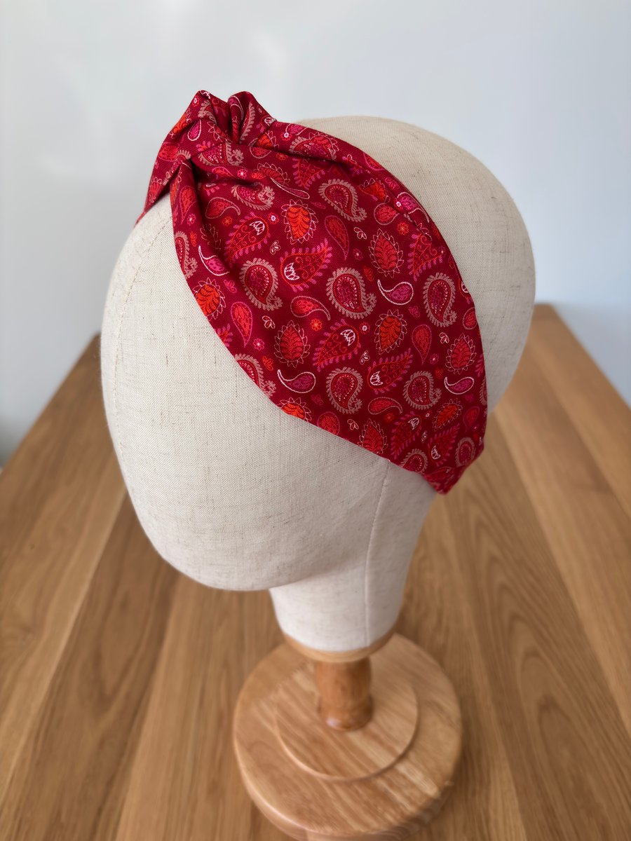 Cotton headband, twist knot style hairband in deep pink paisley print