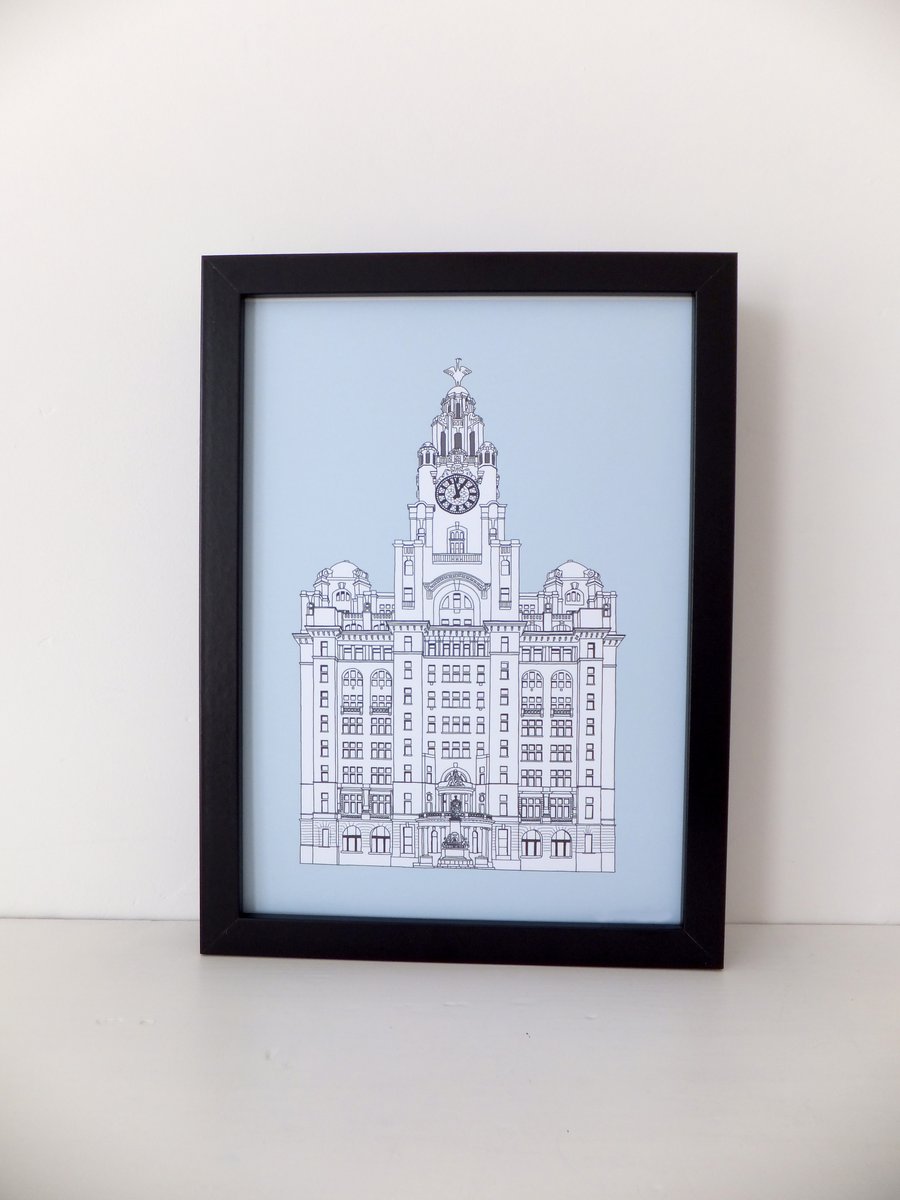 Liver Building  Print - Liverpool illustration in Vintage Blue
