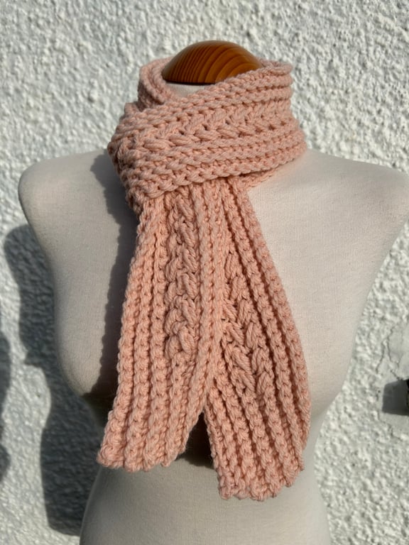 Handmade crochet scarf in powder pink wool mix yarn